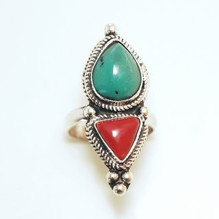 Bijoux ethniques indiens bague en argent 925 massif femme longue filigranes pierre fine Turquoise et Corail npalais - Npal 031 Tibet b