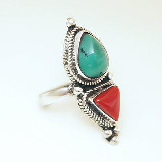 Bijoux ethniques indiens bague en argent 925 massif femme longue filigranes pierre fine Turquoise et Corail npalais - Npal 031 Tibet c