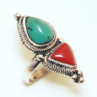 Bijoux ethniques indiens bague en argent 925 massif femme longue filigranes pierre fine Turquoise et Corail npalais - Npal 031 Tibet