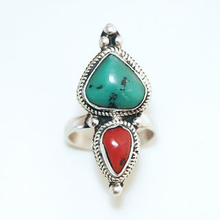 Bijoux ethniques indiens bague en argent 925 massif femme longue filigranes pierre fine Turquoise et Corail rouge npalais - Npal 032 Tibet b