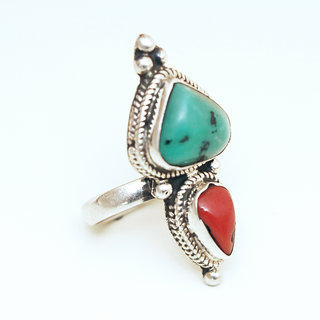 Bijoux ethniques indiens bague en argent 925 massif femme longue filigranes pierre fine Turquoise et Corail rouge npalais - Npal 032 Tibet c