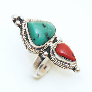 Bijoux ethniques indiens bague en argent 925 massif femme longue filigranes pierre fine Turquoise et Corail rouge npalais - Npal 032 Tibet