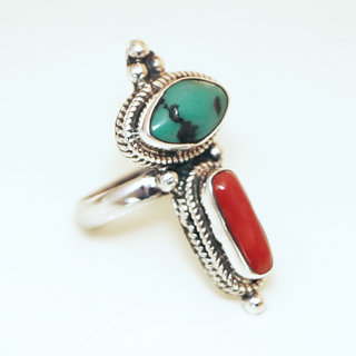 Bijoux ethniques indiens bague en argent 925 massif femme homme longue filigranes triangle et pierre fine Turquoise et Corail rouge orange npalais - Npal 033 c