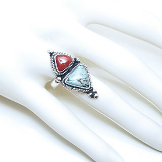 Bijoux ethniques indiens bague en argent 925 massif femme homme longue filigranes perle ovale rectangle et pierre fine Turquoise et Corail rouge orange npalais tibet - Npal 035 b