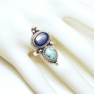 Bijoux ethniques indiens tibetains bague en argent 925 massif femme homme longue filigranes perle goutte ovale et pierre fine Turquoise et Lapis-Lazuli bleu npalais tibet - Npal 037 b