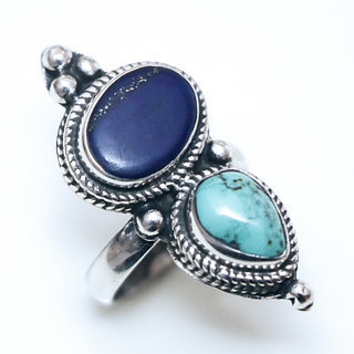 Bijoux ethniques indiens tibetains bague en argent 925 massif femme homme longue filigranes perle goutte ovale et pierre fine Turquoise et Lapis-Lazuli bleu npalais tibet - Npal 037