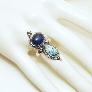 Bijoux ethniques indiens bague en argent 925 massif femme homme longue filigranes perle goutte ovale et pierre fine Turquoise et Lapis-Lazuli bleu npalais - Npal 038 b