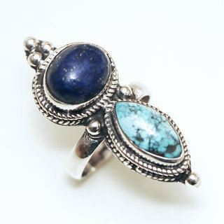 Bijoux ethniques indiens bague en argent 925 massif femme homme longue filigranes perle goutte ovale et pierre fine Turquoise et Lapis-Lazuli bleu npalais - Npal 038