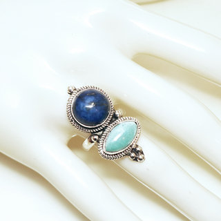 Bijoux ethniques indiens tibetains bague en argent 925 massif femme homme longue filigranes perle ronde ovale et pierre fine Turquoise et Lapis-Lazuli bleu npalais tibet - Npal 039 b