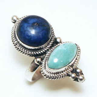 Bijoux ethniques indiens tibetains bague en argent 925 massif femme homme longue filigranes perle ronde ovale et pierre fine Turquoise et Lapis-Lazuli bleu npalais tibet - Npal 039