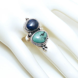 Bijoux ethniques indiens tibetains bague en argent 925 massif femme homme longue filigranes perle ronde goutte et pierre fine Turquoise et Lapis-Lazuli bleu npalais tibet - Npal 040 b