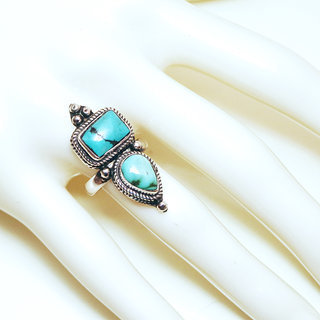 Bijoux ethniques indiens tibetains bague en argent 925 massif femme homme longue filigranes perle rectangle carr triangle et pierre fine Turquoise npalais tibet - Npal 043 b