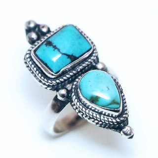 Bijoux ethniques indiens tibetains bague en argent 925 massif femme homme longue filigranes perle rectangle carr triangle et pierre fine Turquoise npalais tibet - Npal 043