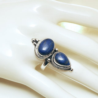 Bijoux ethniques indiens tibetains bague en argent 925 massif femme homme longue filigranes perle goutte et pierre fine Lapis-Lazuli bleu npalais tibet - Npal 044 b