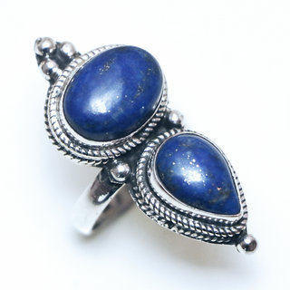 Bijoux ethniques indiens tibetains bague en argent 925 massif femme homme longue filigranes perle goutte et pierre fine Lapis-Lazuli bleu npalais tibet - Npal 044