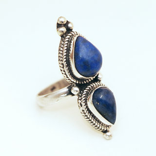 Bijoux ethniques indiens bague en argent 925 massif femme longue filigranes pierre fine Lapis-Lazuli bleu npalais - Npal 045 Tibet c