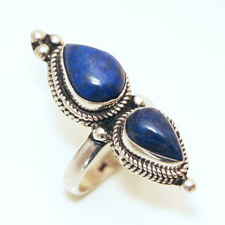 Bijoux ethniques indiens bague en argent 925 massif femme longue filigranes pierre fine Lapis-Lazuli bleu npalais - Npal 045 Tibet