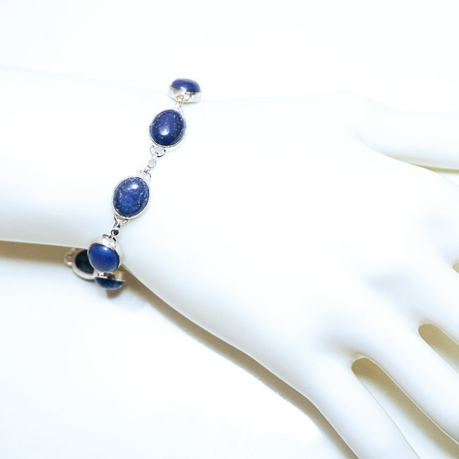 Bijoux Indiens Ethniques bracelets chaîne en argent 925 massif femme et rang de pierre fine ovale Lapis-Lazuli bleu réglable ajustable - Inde 005 b