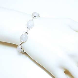 Bijoux Indiens Ethniques bracelets chane en argent 925 massif femme et rang de pierre fine ovale Pierre de Lune blanc nacr rglable ajustable - Inde 005 b