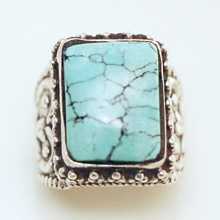 Bijoux ethniques indiens bague en argent 925 massif femme homme chevalire rectangulaire rectangle longue filigranes perle grave et pierre fine Turquoise naturelle npalais - Npal 046 b