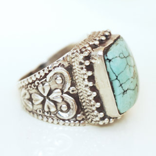 Bijoux ethniques indiens bague en argent 925 massif femme homme chevalire rectangulaire rectangle longue filigranes perle grave et pierre fine Turquoise naturelle npalais - Npal 046 c