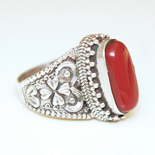 Bijoux ethniques indiens bague en argent 925 massif femme homme chevalire ovale longue filigranes perle grave et pierre fine Corail orange rouge npalais - Npal 047 c