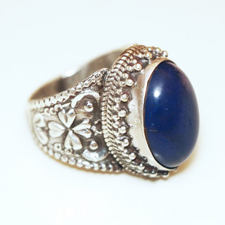 Bijoux ethniques indiens bague en argent 925 massif femme homme chevalire ovale longue filigranes perle grave et pierre fine Lapis-Lazuli bleu marine npalais - Npal 048 c