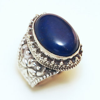 Bijoux ethniques indiens bague en argent 925 massif femme homme chevalire ovale longue filigranes perle grave et pierre fine Lapis-Lazuli bleu marine npalais - Npal 048