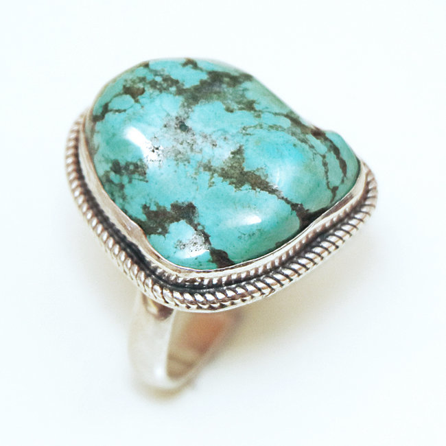 Bague druzy argent 925 et Turquoise brute naturelle - Népal 049