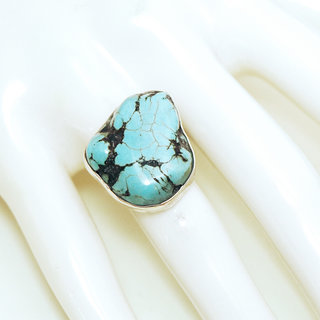 Bijoux ethniques indiens bague en argent 925 massif druzy femme homme large et pierre fine turquoise naturelle grosse brute npalais - Npal 052b