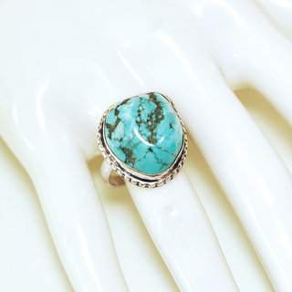 Bijoux ethniques indiens bague en argent 925 massif druzy femme homme large et pierre fine turquoise naturelle grosse brute npalais - Npal 055 b