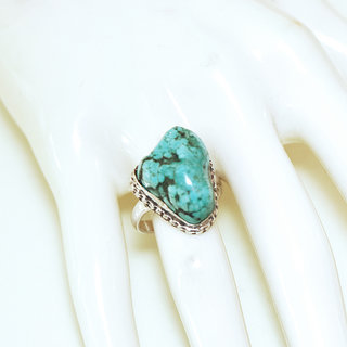 Bijoux ethniques indiens bague en argent 925 massif druzy femme homme large et pierre fine turquoise naturelle grosse brute npalais filigranes - Npal 057b