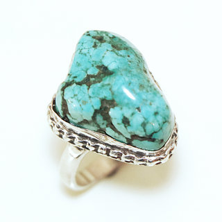 Bijoux ethniques indiens bague en argent 925 massif druzy femme homme large et pierre fine turquoise naturelle grosse brute npalais filigranes - Npal 057a