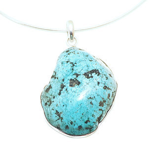 Bijoux Indiens Ethniques grand pendentif en argent 925 massif femme et large pierre fine Turquoise brute naturelle vritable druzy npalais - Npal 005c