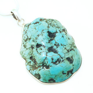 Bijoux Indiens Ethniques grand pendentif en argent 925 massif femme relief et large pierre fine Turquoise naturelle vritable druzy npalais - Npal 010