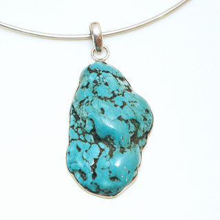 Bijoux Indiens Ethniques grand pendentif en argent 925 massif femme relief et large pierre fine Turquoise brute naturelle vritable druzy npalais - Npal 014b