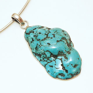 Bijoux Indiens Ethniques grand pendentif en argent 925 massif femme relief et large pierre fine Turquoise brute naturelle vritable druzy npalais - Npal 014a