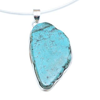 Bijoux Indiens Ethniques petit pendentif en argent 925 massif femme relief et large pierre fine Turquoise naturelle brute filigranes vritable druzy npalais - Npal 016b