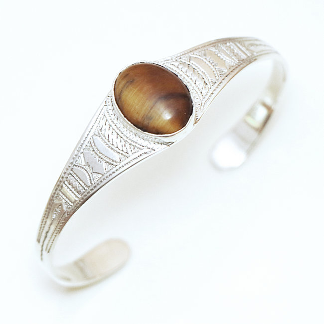 Bracelet argent 925 touareg jonc ovale et Oeil de Tigre - Niger 005