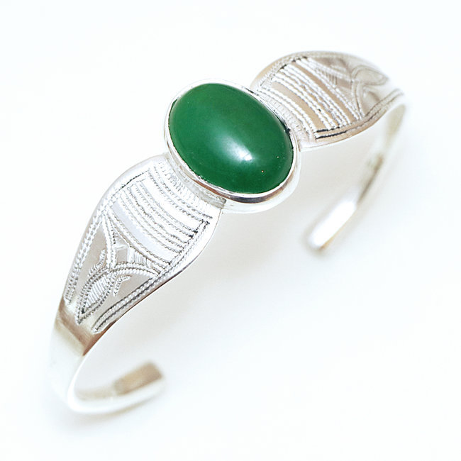 Bijoux ethniques touareg bracelet manchette en argent 925 massif homme femme gravé large et pierre fine ovale Agate verte - Niger 007 a