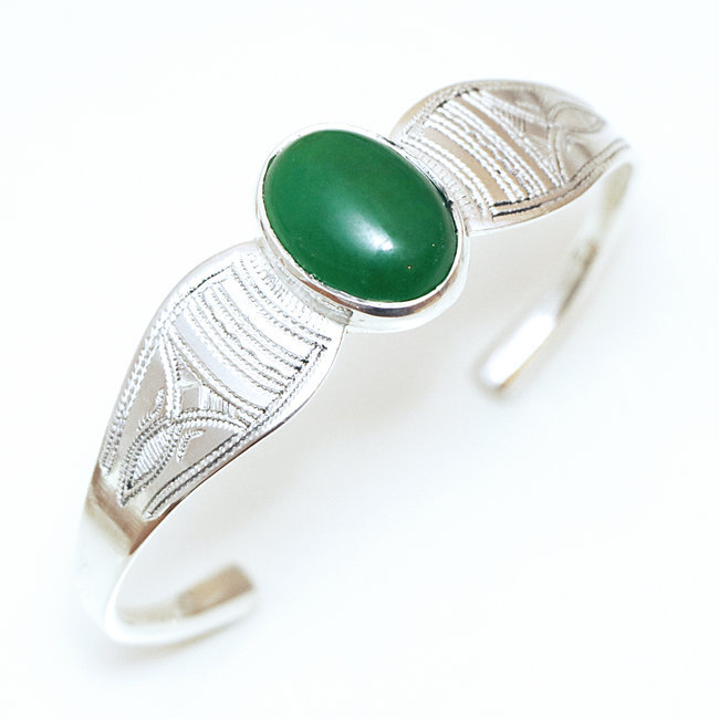 Bracelet argent 925 touareg manchette ovale et Agate verte - Niger 007