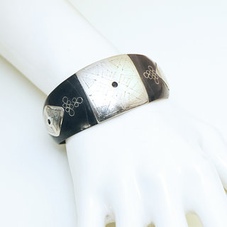 Bijoux ethniques africains bracelet manchette en argent mix corne noire touareg berbre homme femme enfant rigide dur large grav - Mauritanie 002 b