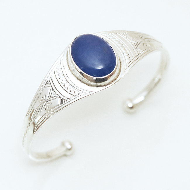 Bracelet manchette touareg argent 925 et Agate bleue - Niger 014