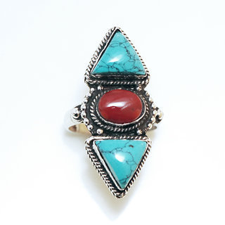 Bijoux ethniques indiens bague en argent 925 massif femme longue filigranes tibtaine pierre fine Turquoise Corail - Npal 062 Tibet b