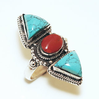 Bijoux ethniques indiens bague en argent 925 massif femme longue filigranes tibtaine pierre fine Turquoise Corail - Npal 062 Tibet