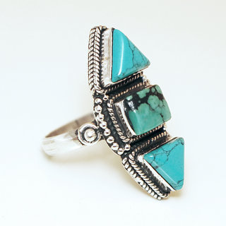 Bijoux ethniques indiens bague en argent 925 massif femme longue filigranes tibtaine pierre fine Turquoise - Npal 063 Tibet c