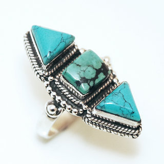 Bijoux ethniques indiens bague en argent 925 massif femme longue filigranes tibtaine pierre fine Turquoise - Npal 063 Tibet