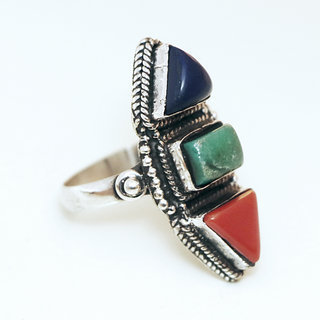 Bijoux ethniques indiens bague en argent 925 massif femme longue filigranes tibtaine pierre fine Turquoise Lapis-Lazuli Corail- Npal 063 Tibet c