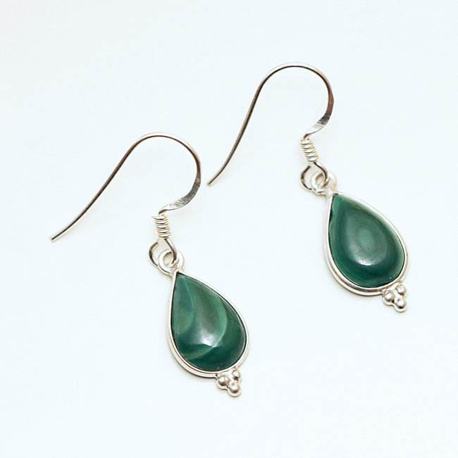 Boucles d'oreilles argent massif 925 gouttes et Malachite - Inde 021