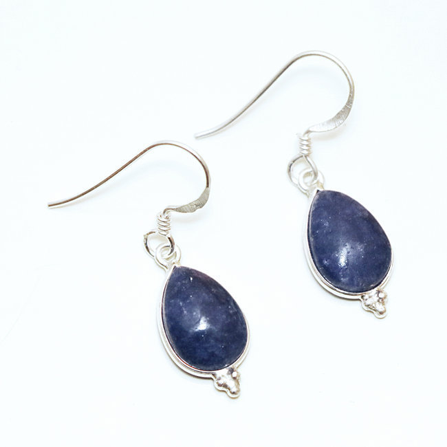 Boucles d'oreilles argent massif 925 gouttes et corindon Saphir bleu - Inde 021